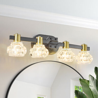 24" Vintage 4-Light Wall Sconce with Clear Crystal Shades Black Iron Finish Vani