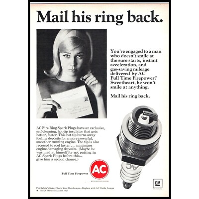 1967 AC Spark Plugs Vintage Print Ad Blonde Mail His Ring Back Man Cave Wall Art
