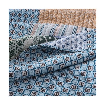 Cotton Bedspread Quilt Sets 3 Pieces Reversible Coverlet Sets Comforters Blue Bohemian Patchwork Bedspread,Blue Paisley Pattern, Queen Size Additional Image