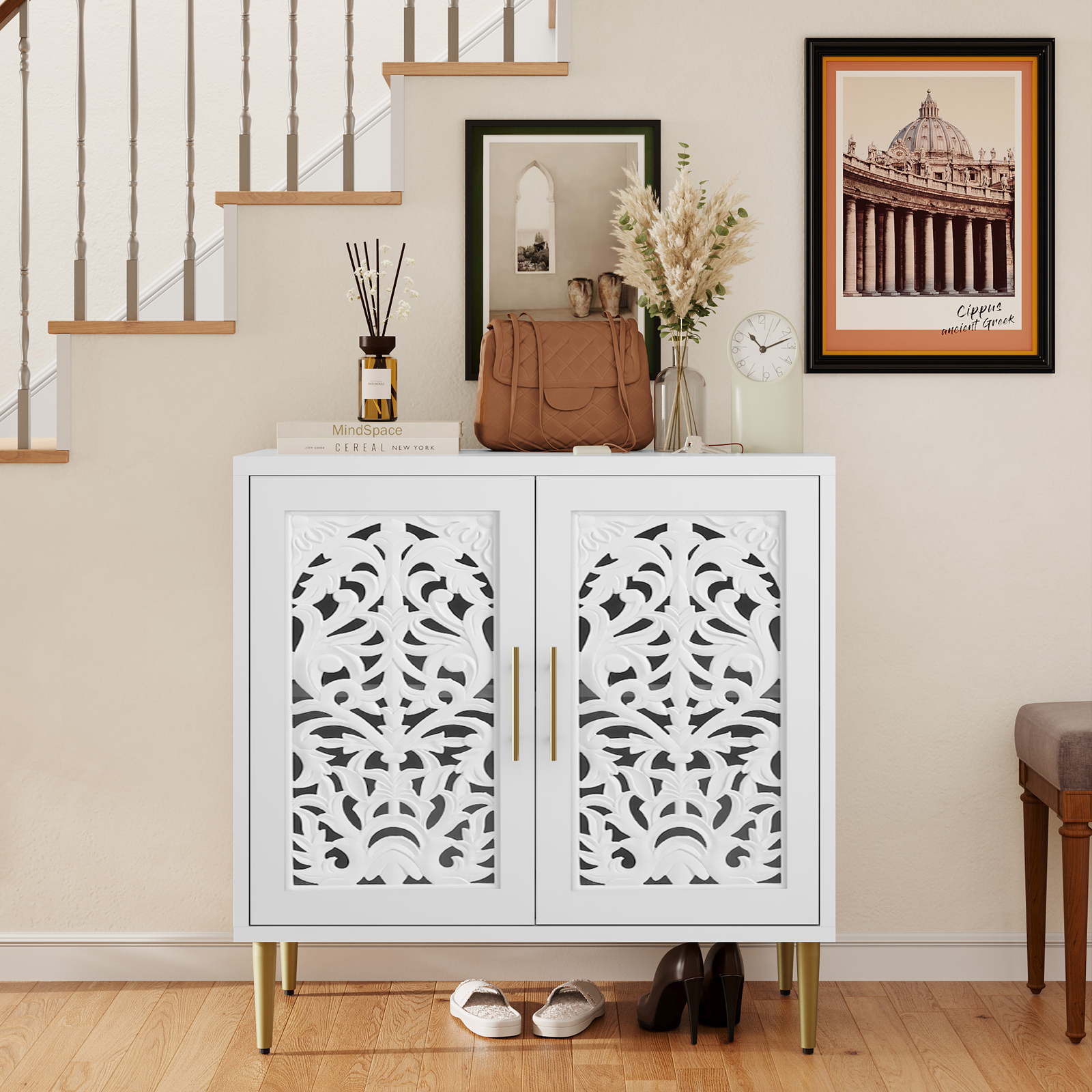 Accent Cabinet Sideboards with Doors Vintage Hollow Carving Buffet Cabinet White