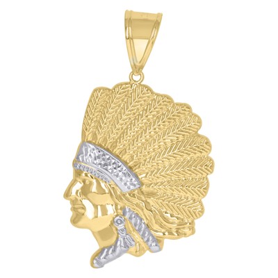 Solid 10K Two-Tone Gold 66.2mm Native American Diamond-Cut Men's Charm Pendant
