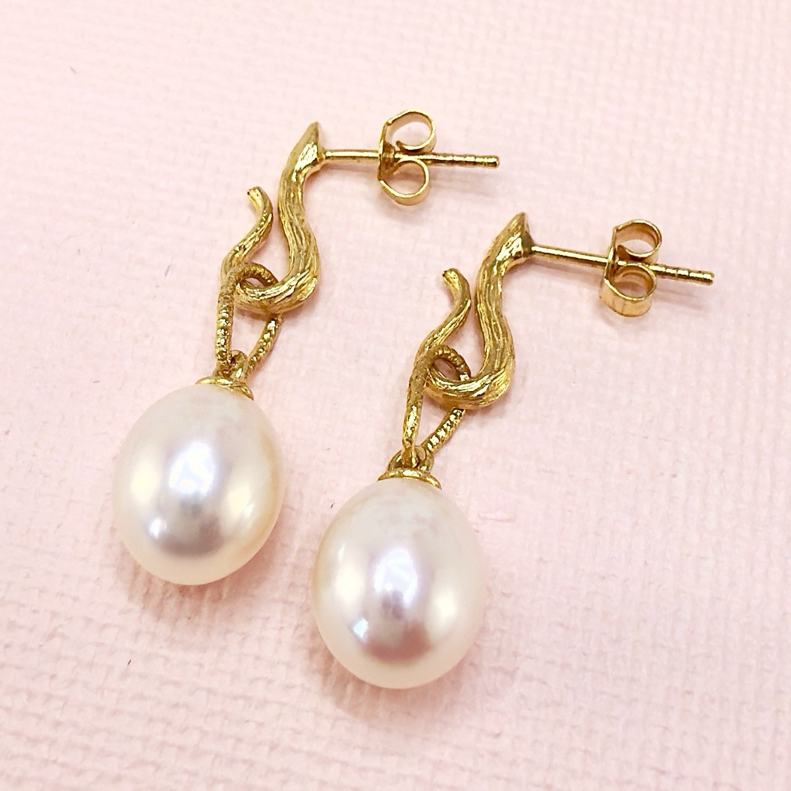 14k Yellow Gold Genuine Pearl Dangle Modernist Earrings, New - Picture 8 of 11