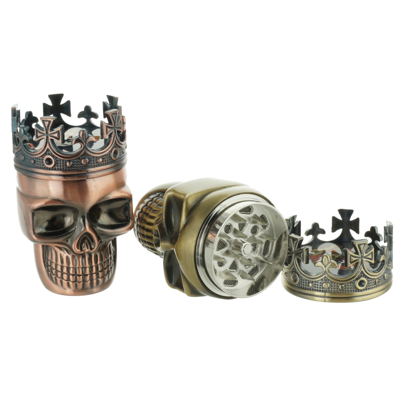 Skull King Gothic Zinc Alloy Herb and Tobacco Grinder Style-Double Layers with a Durable Bronze Finish and Intricate Engraved Design.