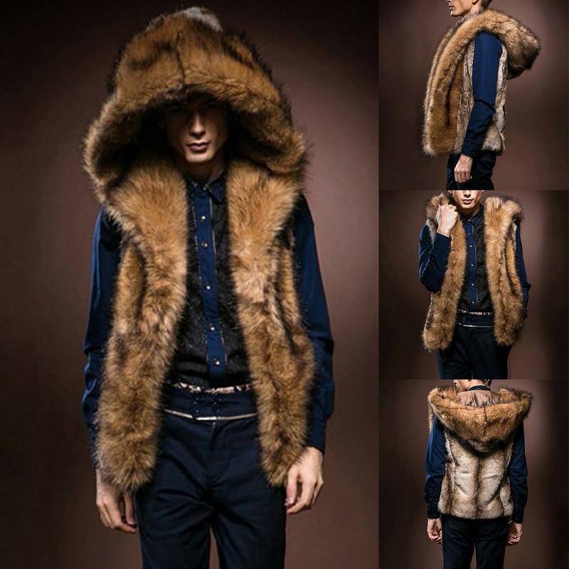 Winter Men's Faux Fur Vest Hooded Jacket Waistcoat Sleeveless Coat Warm Outdoor