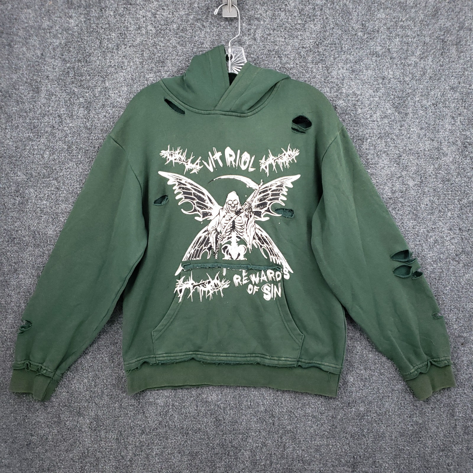 Vitriol Hoodie Mens S Small Green Distressed Graphic Print Pullover Sweatshirt