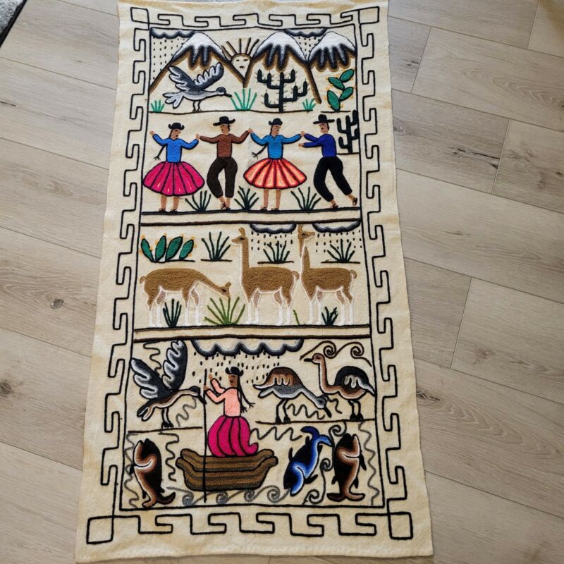 Folk Art Embroidery Panel Textile Fabric Art Peruvian Mexican Decor Tapestry