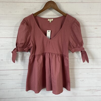 Lily White for Francesca's Short Puff Tie Sleeve Mixed Media Top M Mauve New