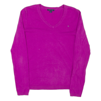 TOMMY HILFIGER Womens Jumper Purple V-Neck Tight Knit S