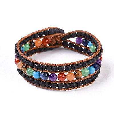 Lava Beads 7 Chakra Essential Oil Diffuse Leather Bracelet Tree of Life clasp