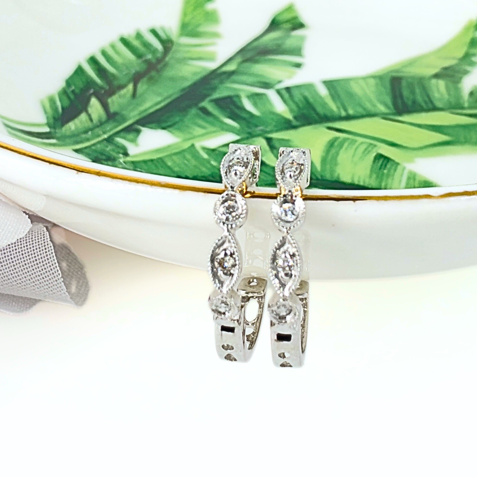 14k White Gold Genuine Diamond Huggie Hoop Earrings, New - Picture 13 of 14