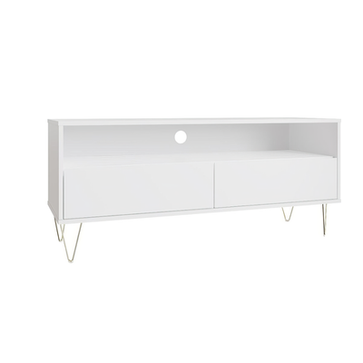 White TV Cabinet Stand Unit 2 Drawers Gold Hairpin Legs Modern Living Room