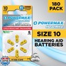 Powermax Size 10 Hearing Aid Batteries, 180 Count Long-Lasting Battery Pack, Yellow Long Tab for Easy Change