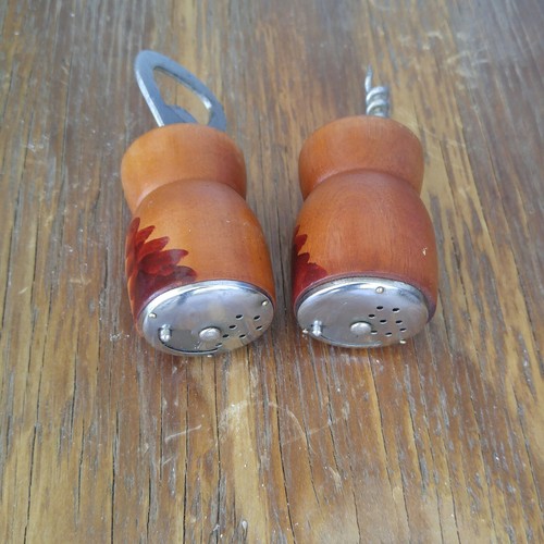 Vintage black Americana corkscrew can opener salt and pepper bar set REAL NEAT