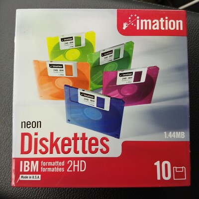 NOS Imation Neon Diskettes 1.44 MB IBM Formatted 2HD Floppy Disks 10 Pack New