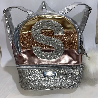 NWOT Justice Full Size S Initial Glitter  Gold Silver Pom Pom Backpack Girls