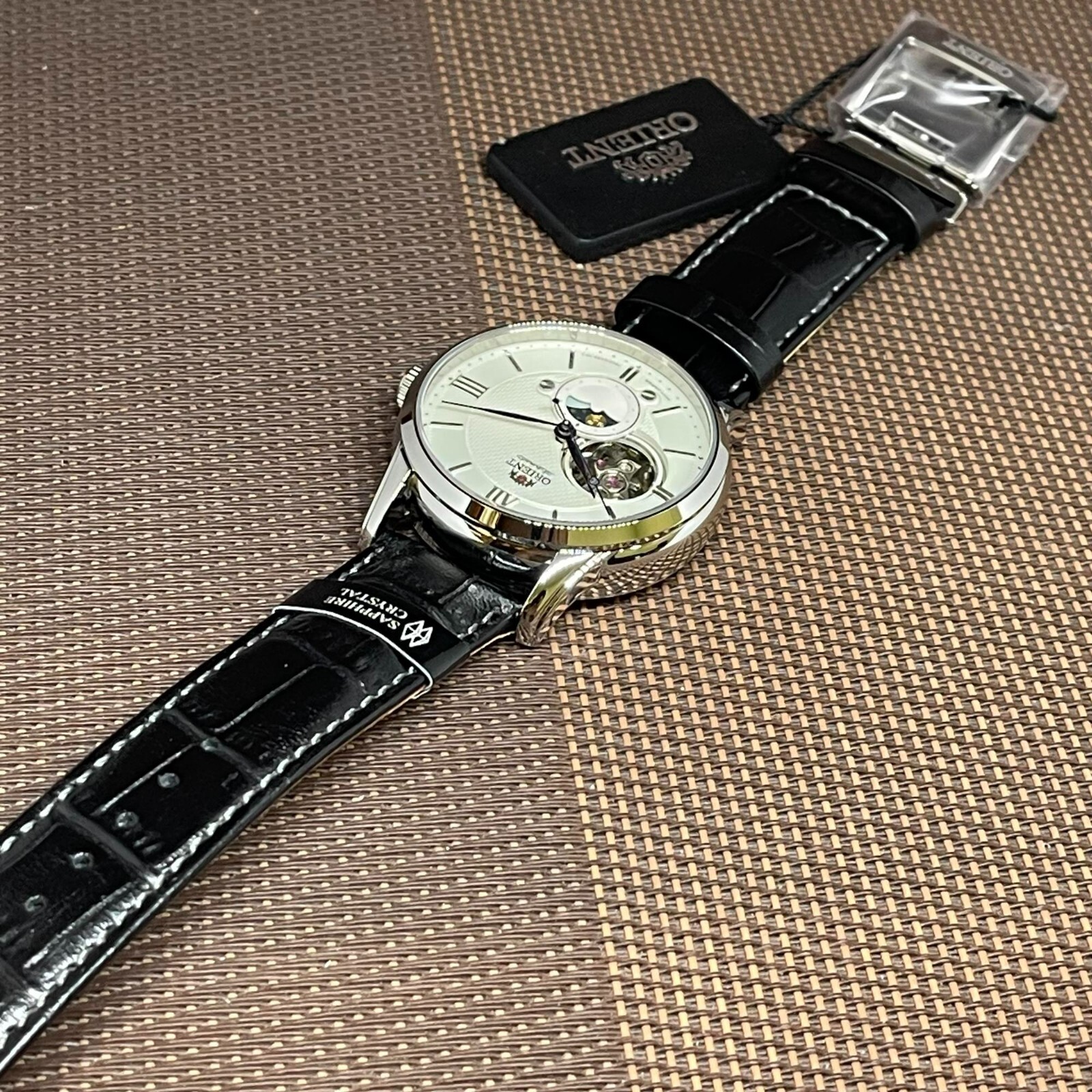 Pre-owned Orient Ra-as0011s10b Sun And Moon Open Heart Automatic Leather Strap Men Watch
