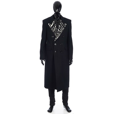 CELINE 3950$ Black Overcoat - Double Breasted, Tiger Print Collar, Black Wool