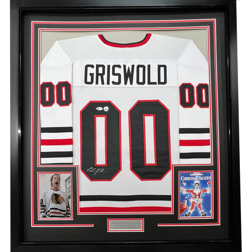 FRAMED Autographed/Signed CHEVY CHASE 33x42 Clark Griswold White Jersey BAS COA