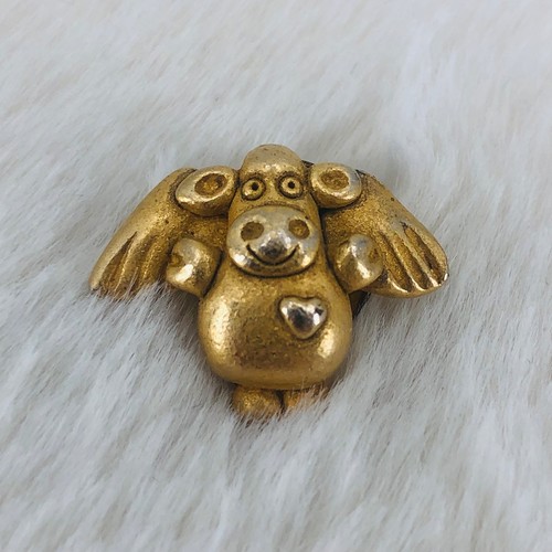 Vtg Gold Tone Cow Angel Lapel Pin w/ Heart & Wings