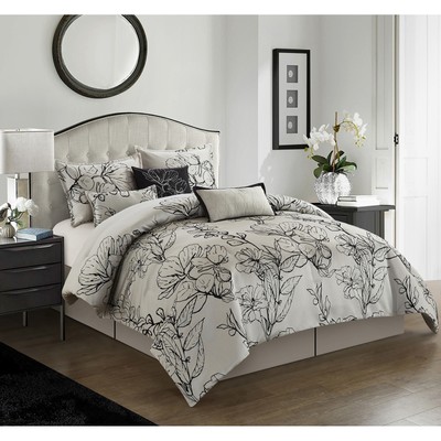 Nanshing Acacia 7 Piece Floral Comforter Set Grey Queen