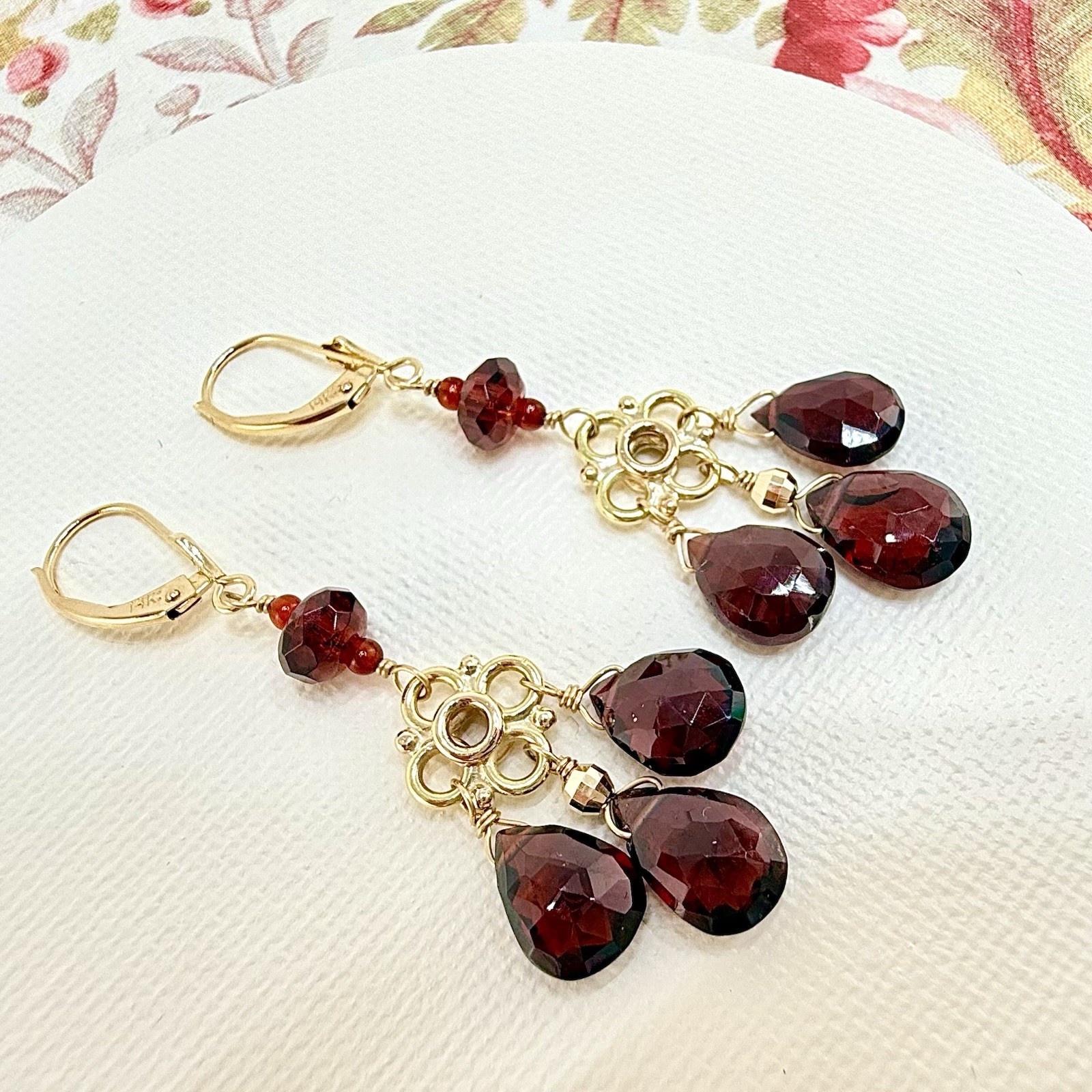 14k Yellow Gold Genuine Garnet Chandelier Dangle/Drop Earrings, New, 2.10