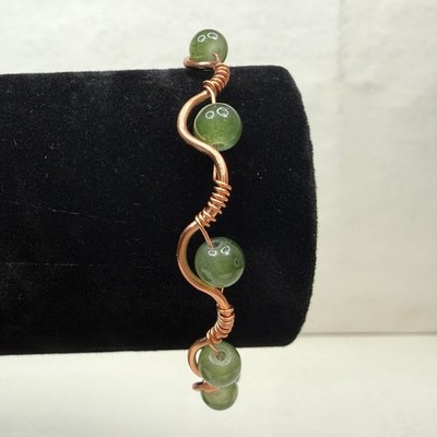 Artisan Copper Wire Green Aventurine Jade Bead Wrapped Bangle Bracelet Jewelry 7