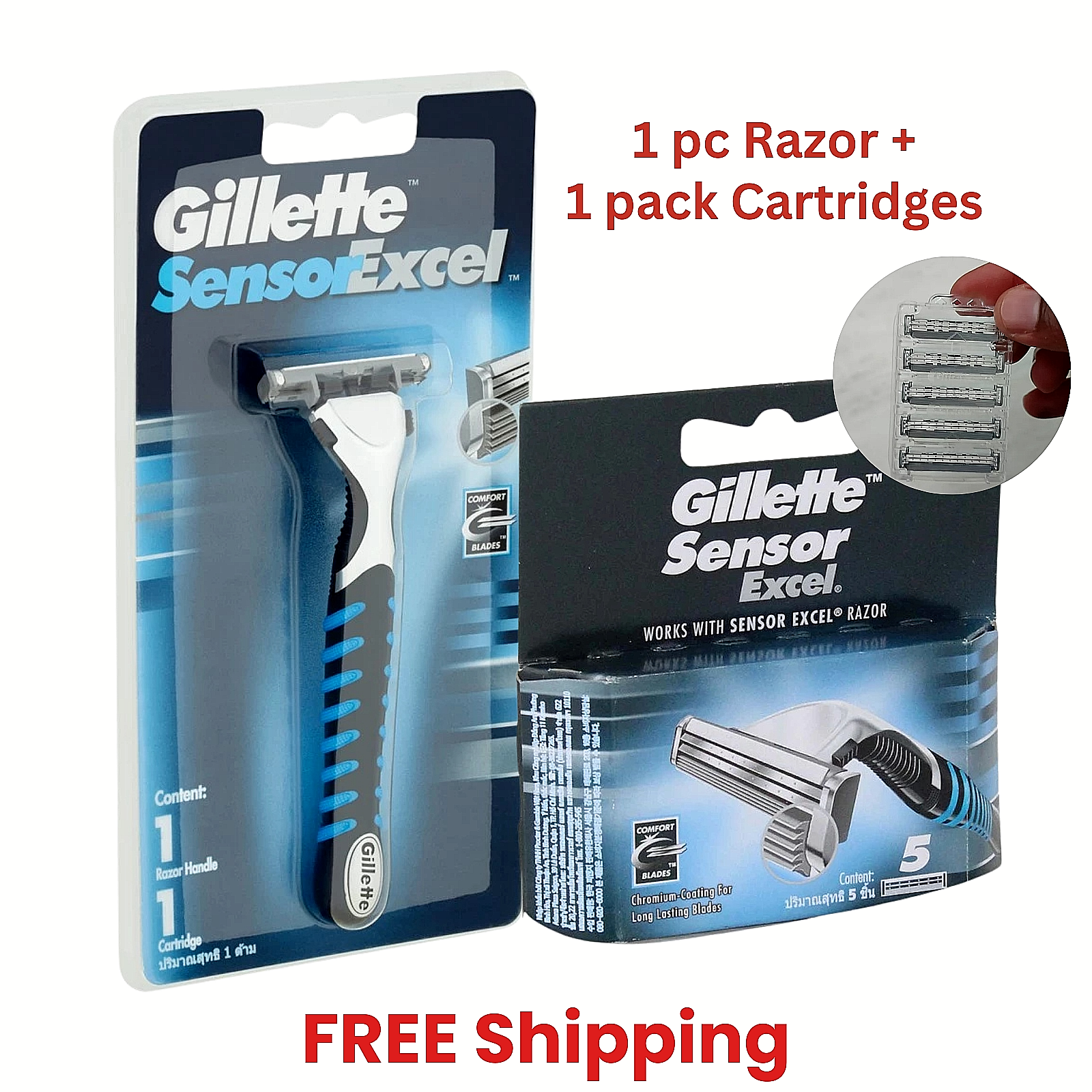 Gillette Sensor Excel Razor Handle + 6 Cartridge - HOLDS WOMEN AND