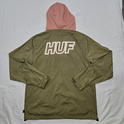 NWT Sz SMALL Mens Huf Green & Pink Windbreaker Jacket Drab Olive Explorer Anorak