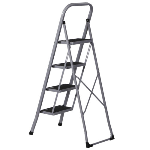 3/4 Step Ladder Folding Steel Step Stool Anti-slip 300Lbs Capacity White / Grey