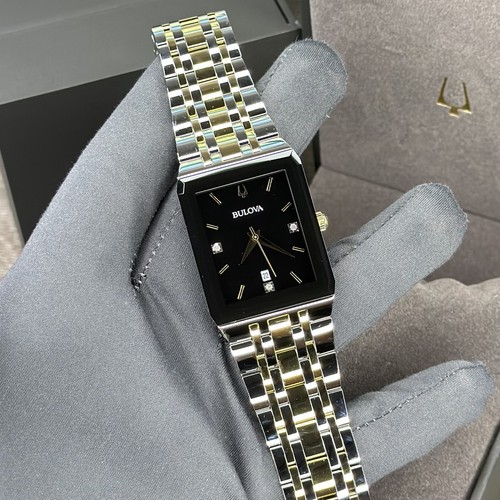 Pre-owned Bulova New✅  Quadra Diamond Date Black Dial Rectangle Two Tone Men's Watch 98d153