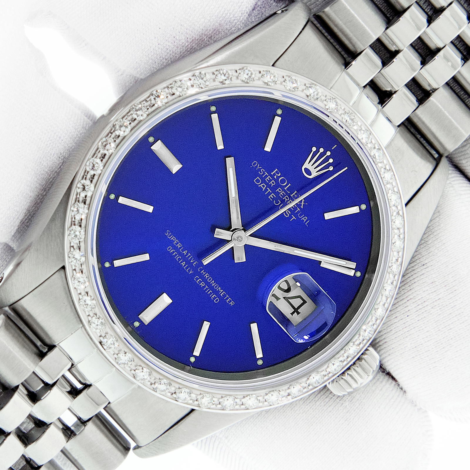 Rolex Watch Mens Datejust Steel - White Gold with Blue Index Dial and Diamond