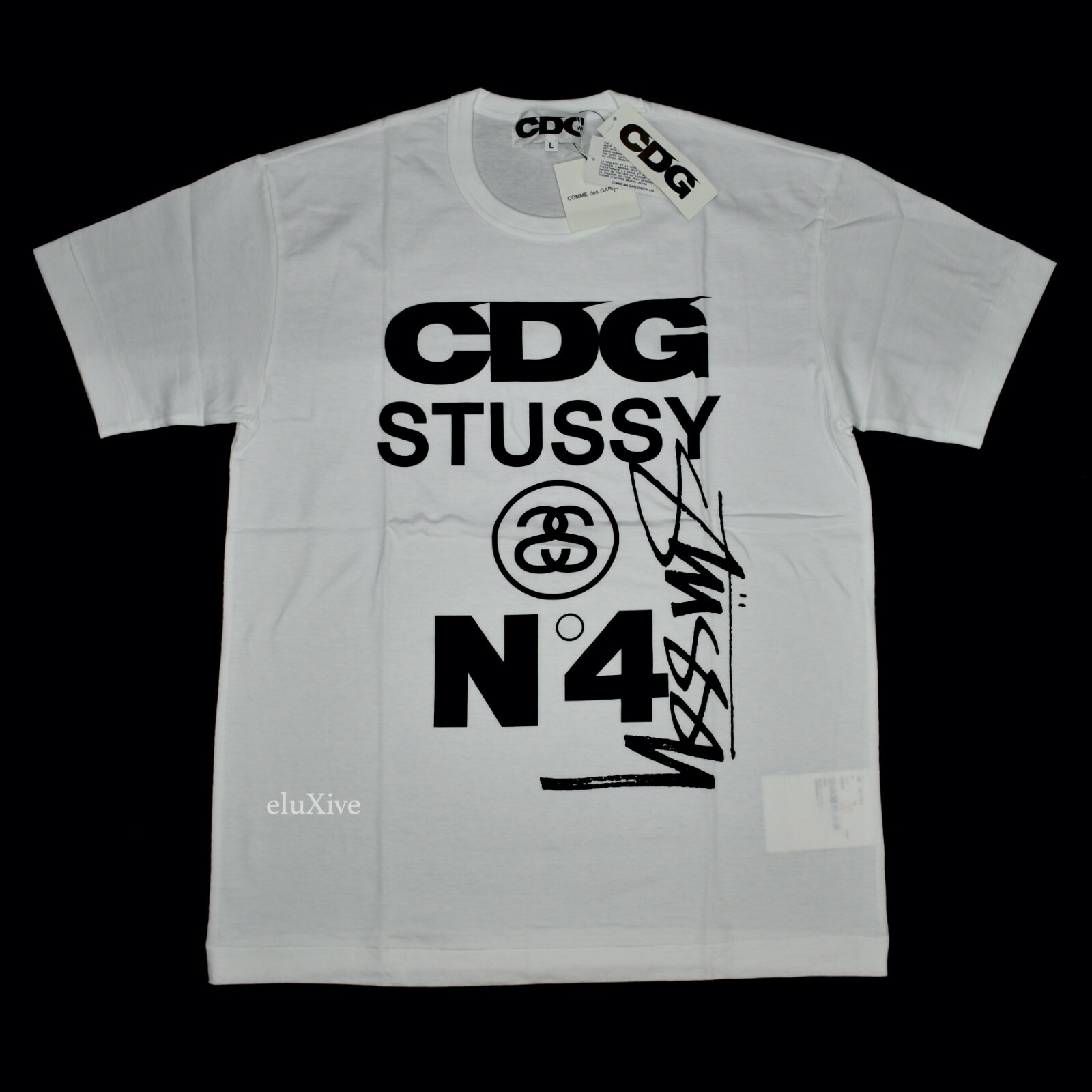 NWT Comme des Garcons Men's CDG Stussy No. 4 Logo White T NWT Comme des Garcons Men's CDG Stussy No. 4 Logo White T