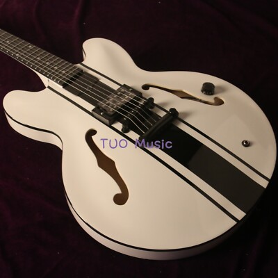 White 335 Semi-Hollow Body Tom Delonge Electric Guitar w/ Black Stripe H Pickup