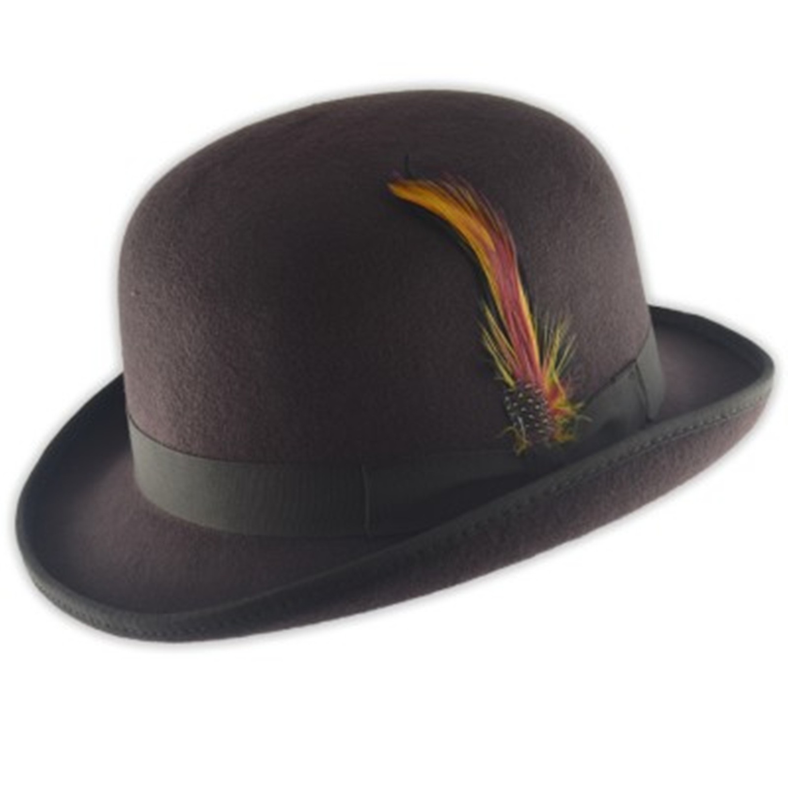 Quality BROWN 100 Wool Bowler Hat with Removable Feather Satin Lined