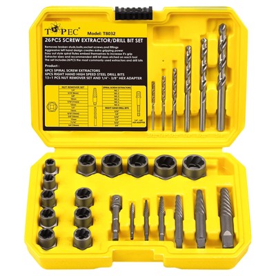 Topec 26Pcs Stripped Screw Extractor Set, Broken Bolt Extractor Kit with Dril...