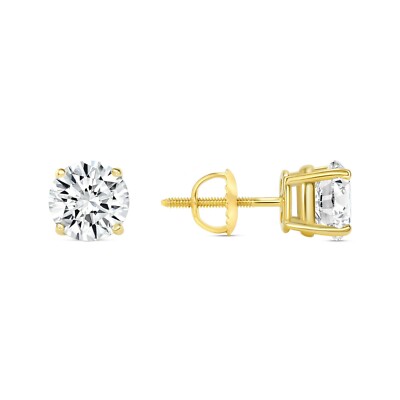 Pre-owned Shine Brite With A Diamond 2 Ct Round Real 18k Yellow Gold Simulate Diamond Earrings Studs Basket Screwback In White/colorless