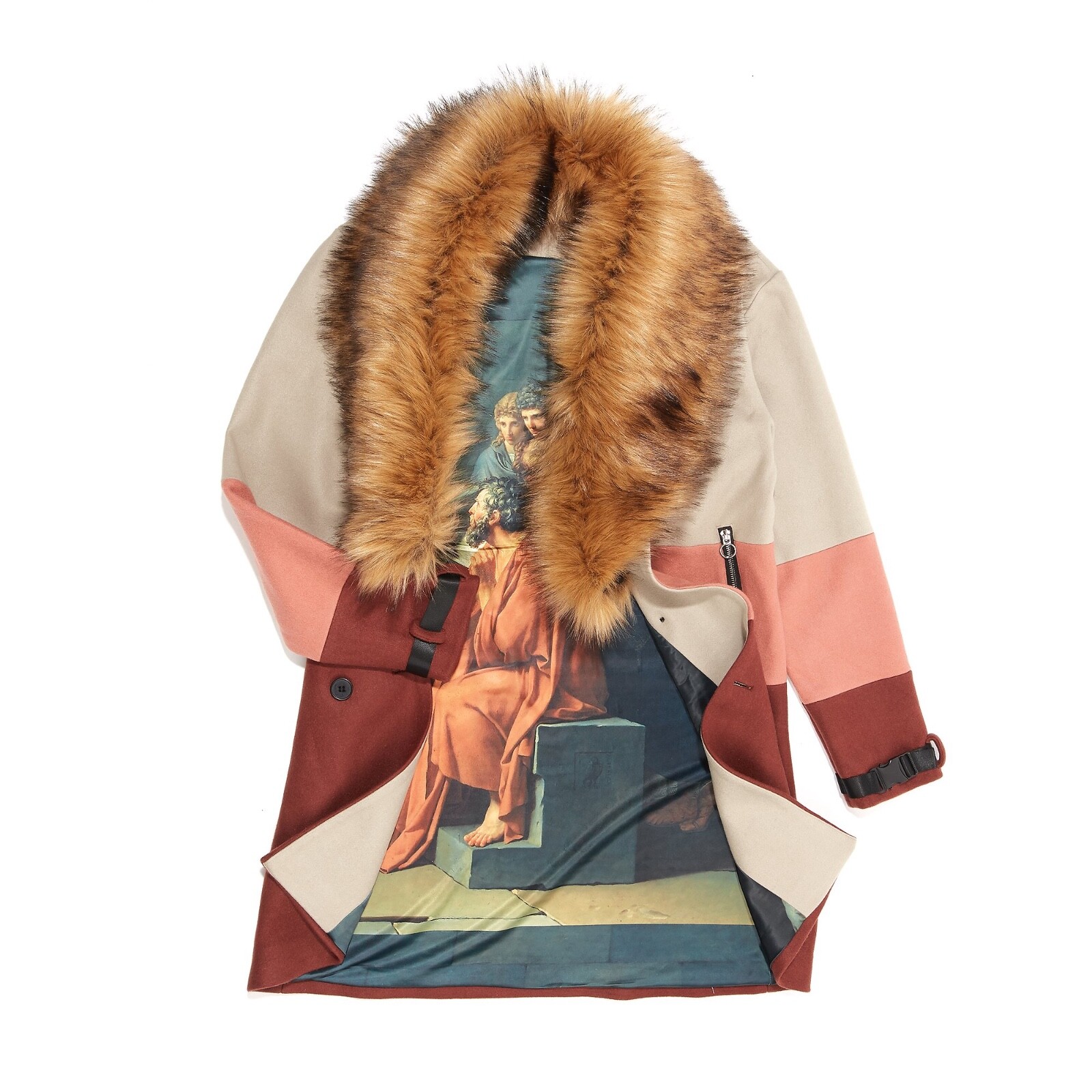 Pre-owned Vie Riche Paris Removable Fur 3 Tone Overcoat In Beige-clay Size Large In Beige-coral
