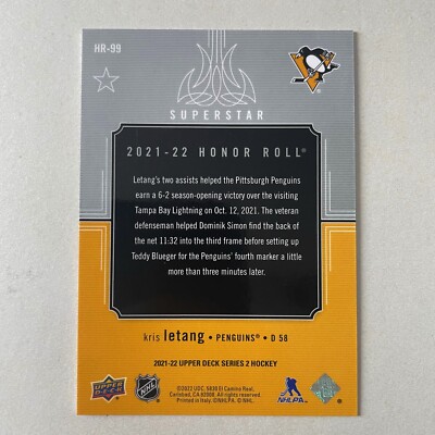 2021 Upper Deck Series 2 Hockey #HR-99 Kris Letang Honor Roll