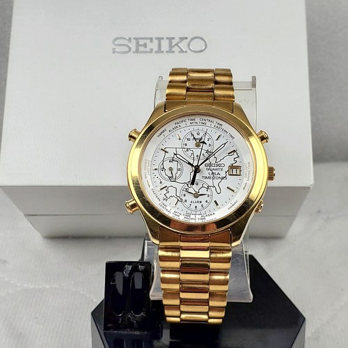 RARE VINTAGE SEIKO USA TIME ZONES 5T50-6A09 GOLD WHITE MEN'S