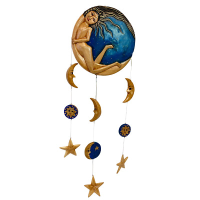 Moon Goddess Hanging Celestial Mobile Hand Carved Painted Wood Bali Folk Art