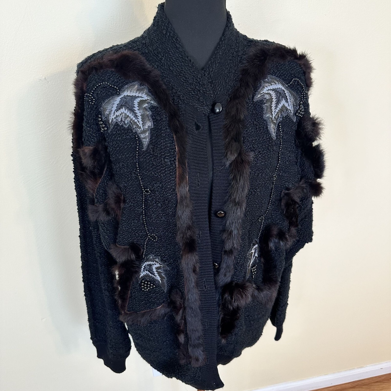 Vintage Viridiana Black Knit Cardigan Faux Fur Trim Leaf XL