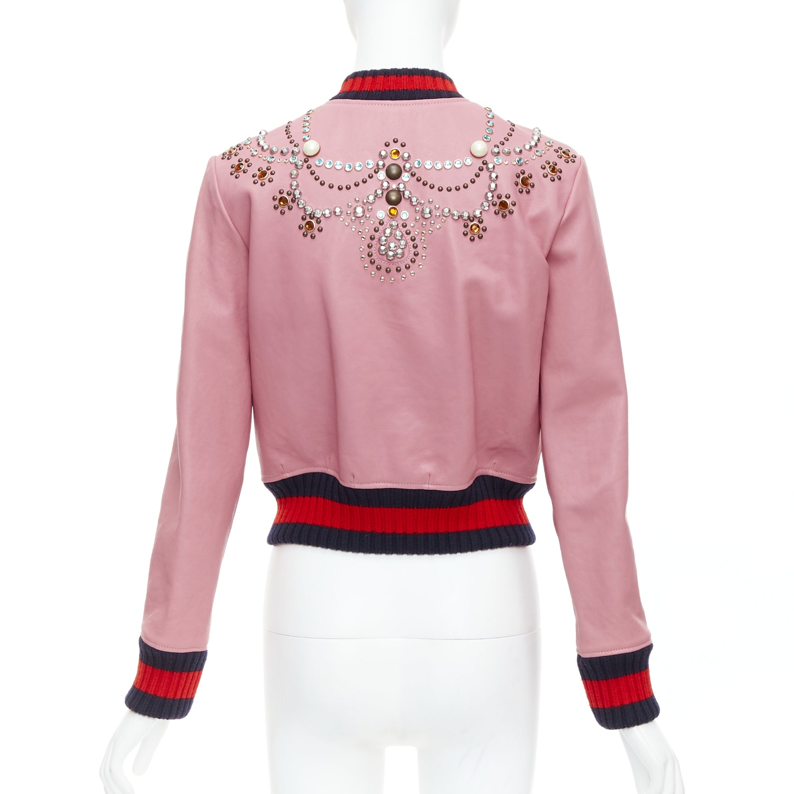 GUCCI ピンク ジャケット GUCCI pink lambskin pearl embellished web trim crop bomber
