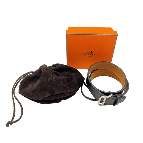 Authentic HERMES A Mark Box Calf Bracelet Black Leather