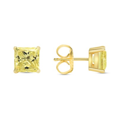 Pre-owned Shine Brite With A Diamond 3 Ct Princess Cut Canary Earrings Studs Solid 14k Yellow Gold Push Back Basket