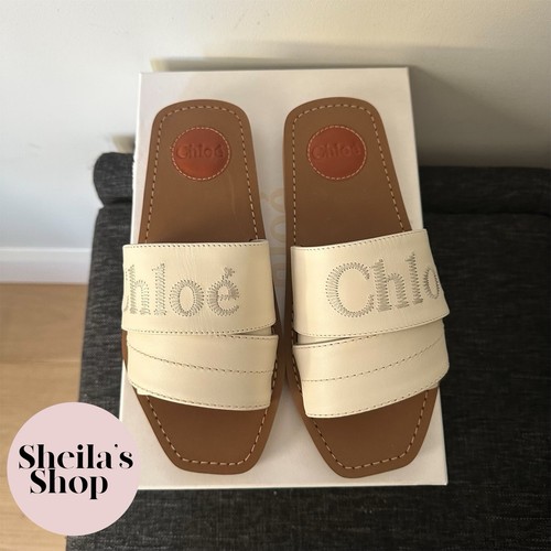 Pre-owned Chloé Chloe Woody Logo-embroidered White Leather Slide Sandals Size 37