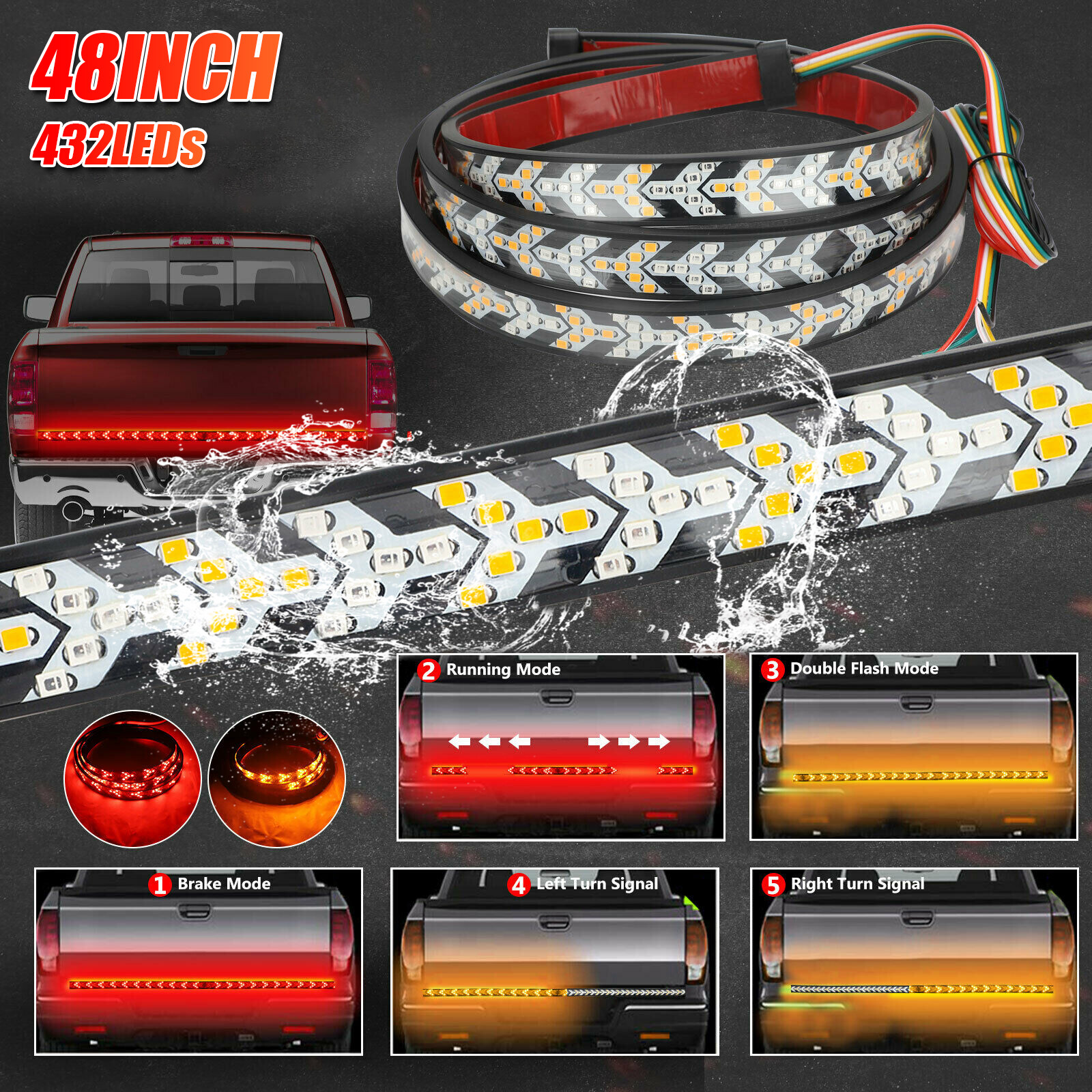 48" Truck Tailgate Light Bar LED Sequential Strip Reverse Brake Turn Signal Lamp