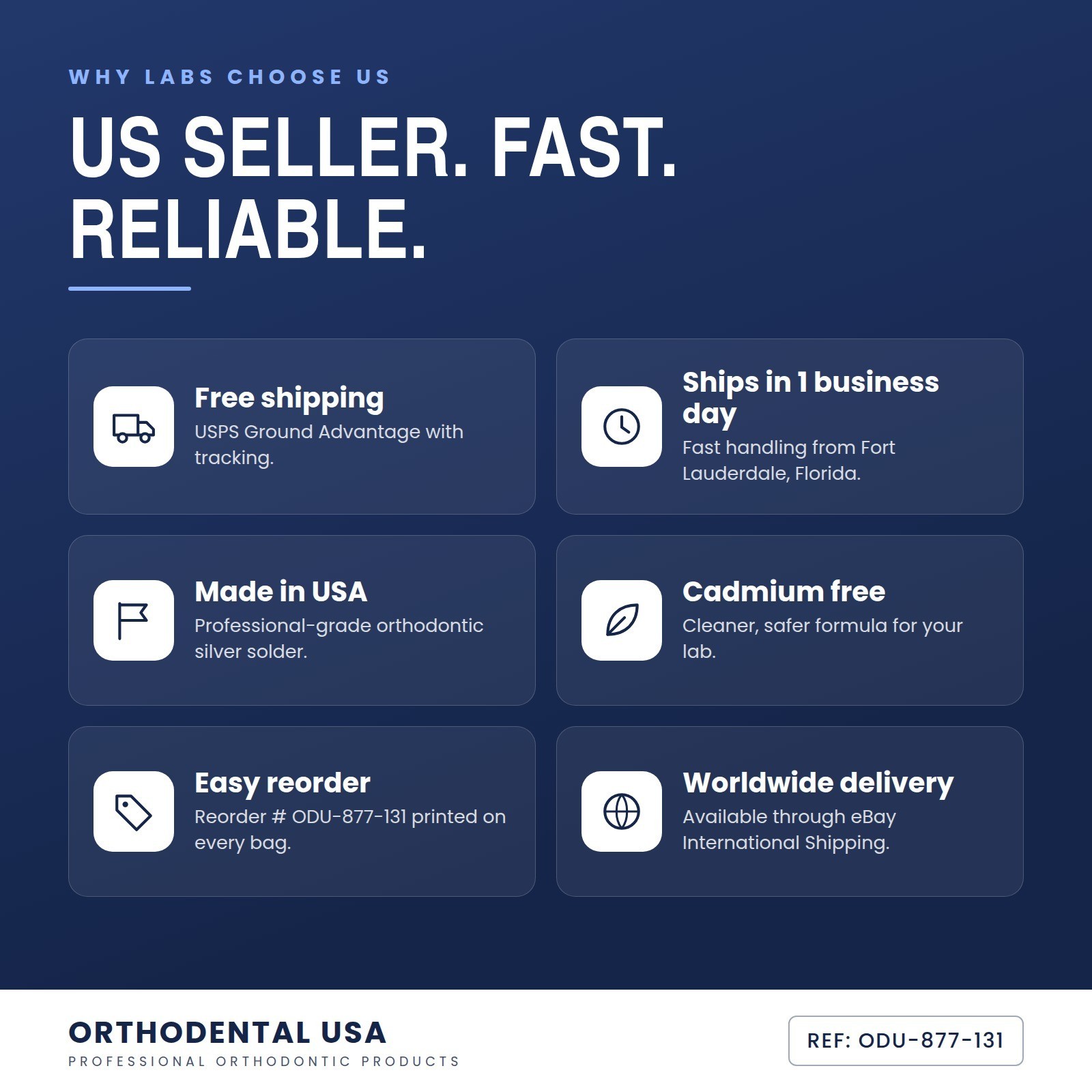 OrthodentalUSA US seller: free shipping, ships in 1 business day, Made in USA, cadmium free, worldwide delivery