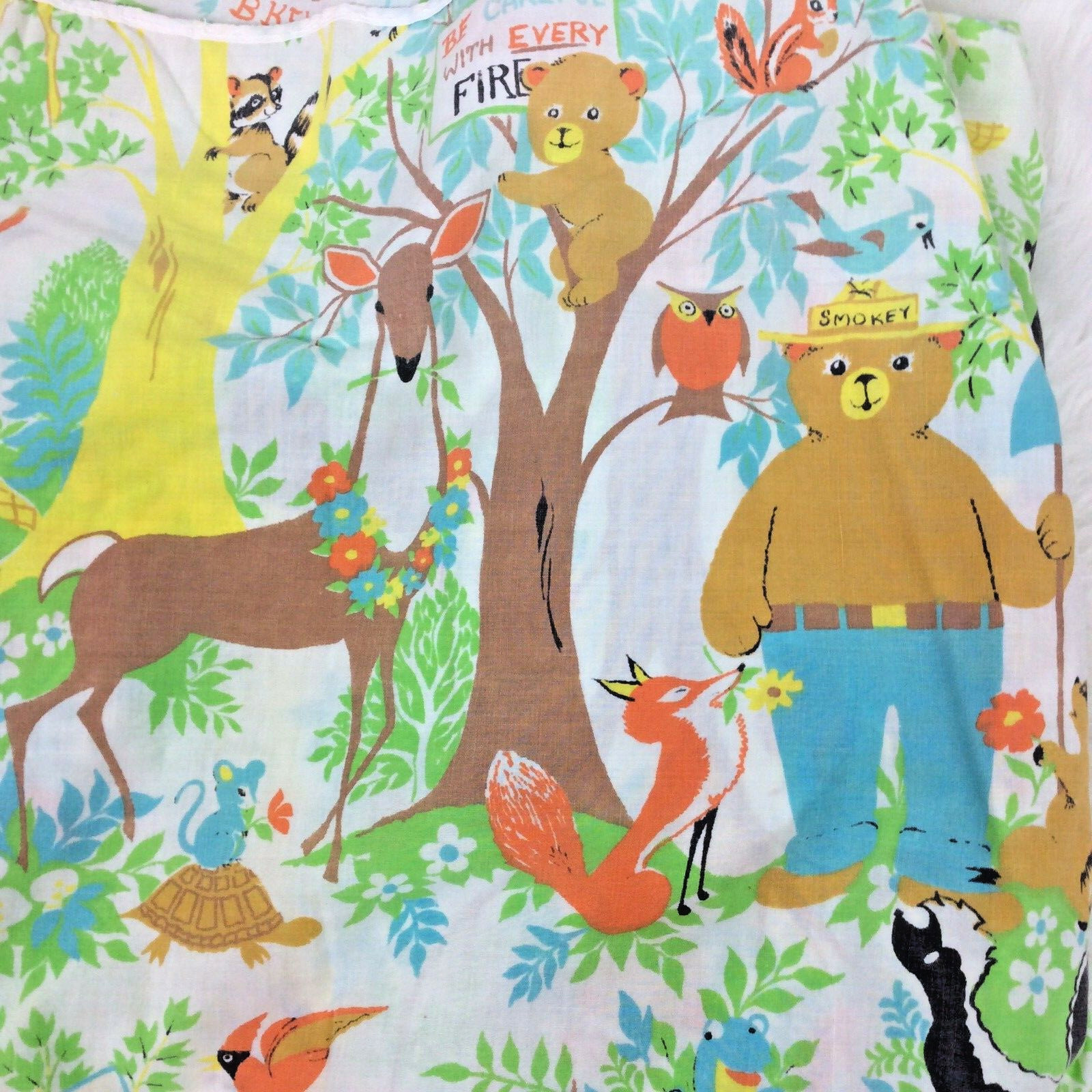 Vintage Smokey The Bear and Friend Fitted Twin Sheet 39 x 75 Mattress Fieldcrest