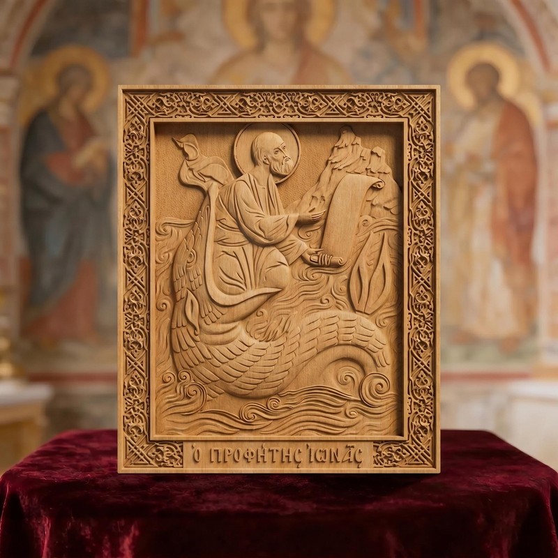 Prophet Jonah Wooden Carved Handmade Byzantine Greek Orthodox Christian Icon
