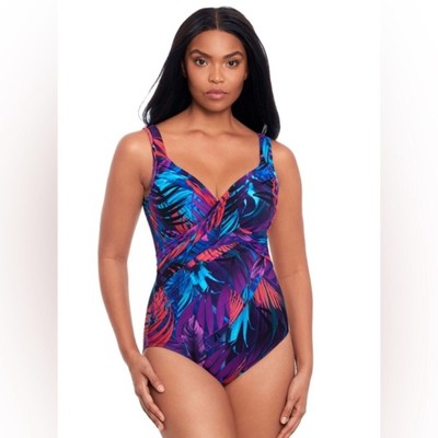 Miraclesuit Womens Tropical Surplice One Piece Swimsuit Purple Blue Size 10